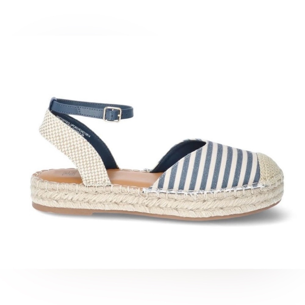 Nwt Time Tru Navy Striped Espadrille Ankle-Strap Flats sandals 9 - Picture 2 of 2